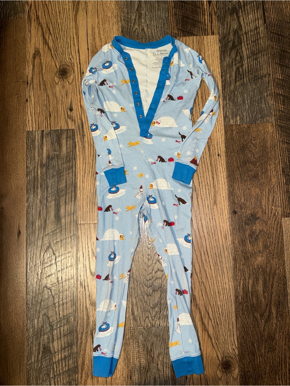 L.L. Bean 100% Organic Cotton Kids Blue Arctic Print One-Piece Pajamas